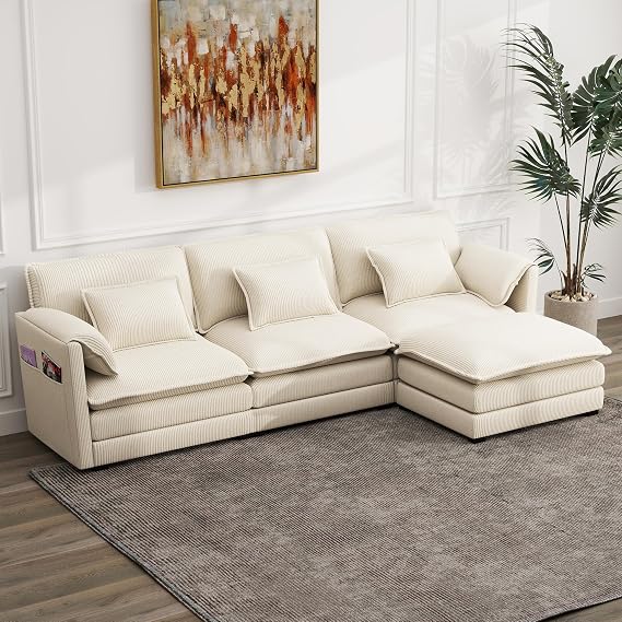 111" L-Shaped Cloud Couch,Modular Sectional Conner Sofa with Ottoman & 3 Pillows,3-Seater Corduroy Deep Seat Sofa for Living Room, Apartment, Off-White