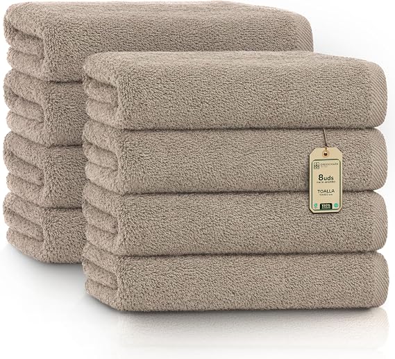 Green Mark Towels - 8 Piece Set - 100% Cotton, Soft and Highly Absorbent, Bath, Spa and Gym, 50 x 100 cm, Sand/Beige