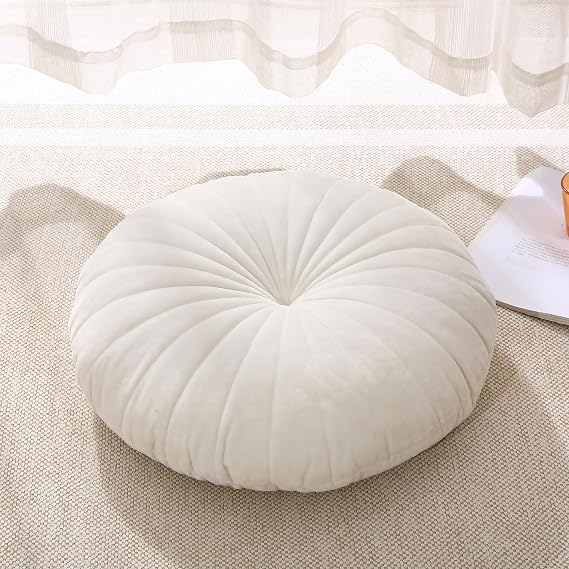 Floor Pillow Meditation Cushion Round Large Floor Pillows Seating for Adults, Velvet Thick Floor Cushions for Yoga Living Room Balcony Outdoor Tatami 18inch（Beige）
