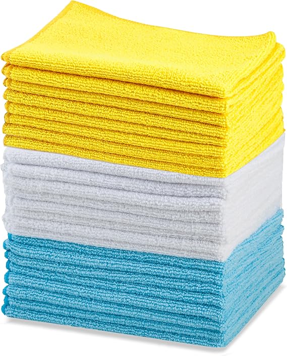 Amazon Basics Microfibre Cleaning Cloth, Pack of 24, Multi Colored, Blue, Orange & White, 40.5 cm x 30.5 cm