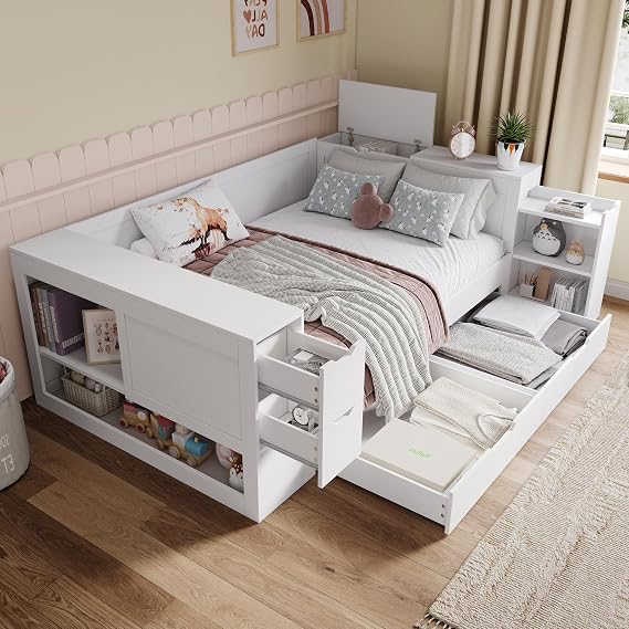 BTM Double Bed with Drawers, Shelves and Bedside Table, 4ft6-135x190cm Daybed with Storage, Multifunctional Children's Bed with Storage Space, No Mattress, White