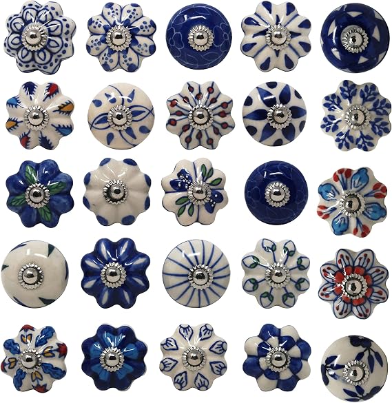 Ajuny Ceramic Knobs Set of 25 Colorful Blue White Hand Painted Drawer Pulls