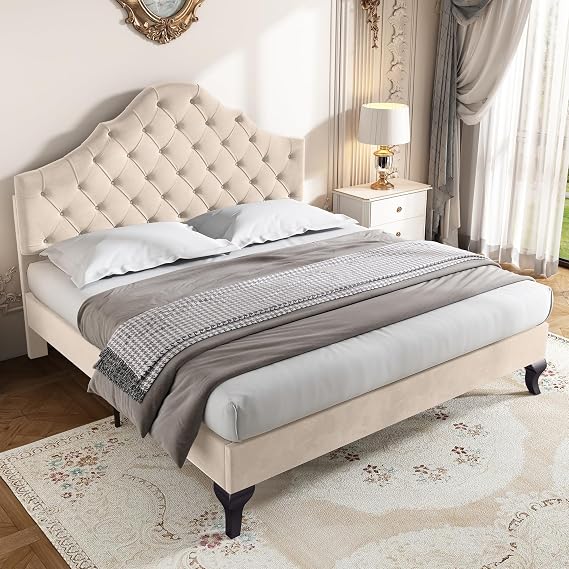 4ft6 Double Bed Frame, Upholstered Platform Bed with Adjustable Button-Tufted Headboard and Wooden Slats, No Box Spring Needed, Easy Assembly, Velvet Beds for Adult Kids Teenagers, Beige, 135x190 cm
