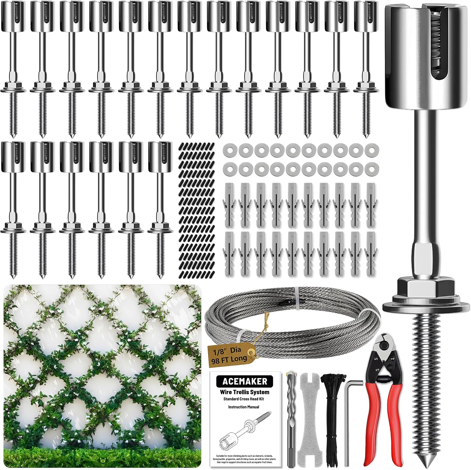 Wire Trellis for Climbing Plants Outdoor, 20-Set Wall Wire Trellis Kit with 1/8in x 98ft Stainless Steel Cable & Cutter, T316 Espalier System for Fence and Garden DIY Projects