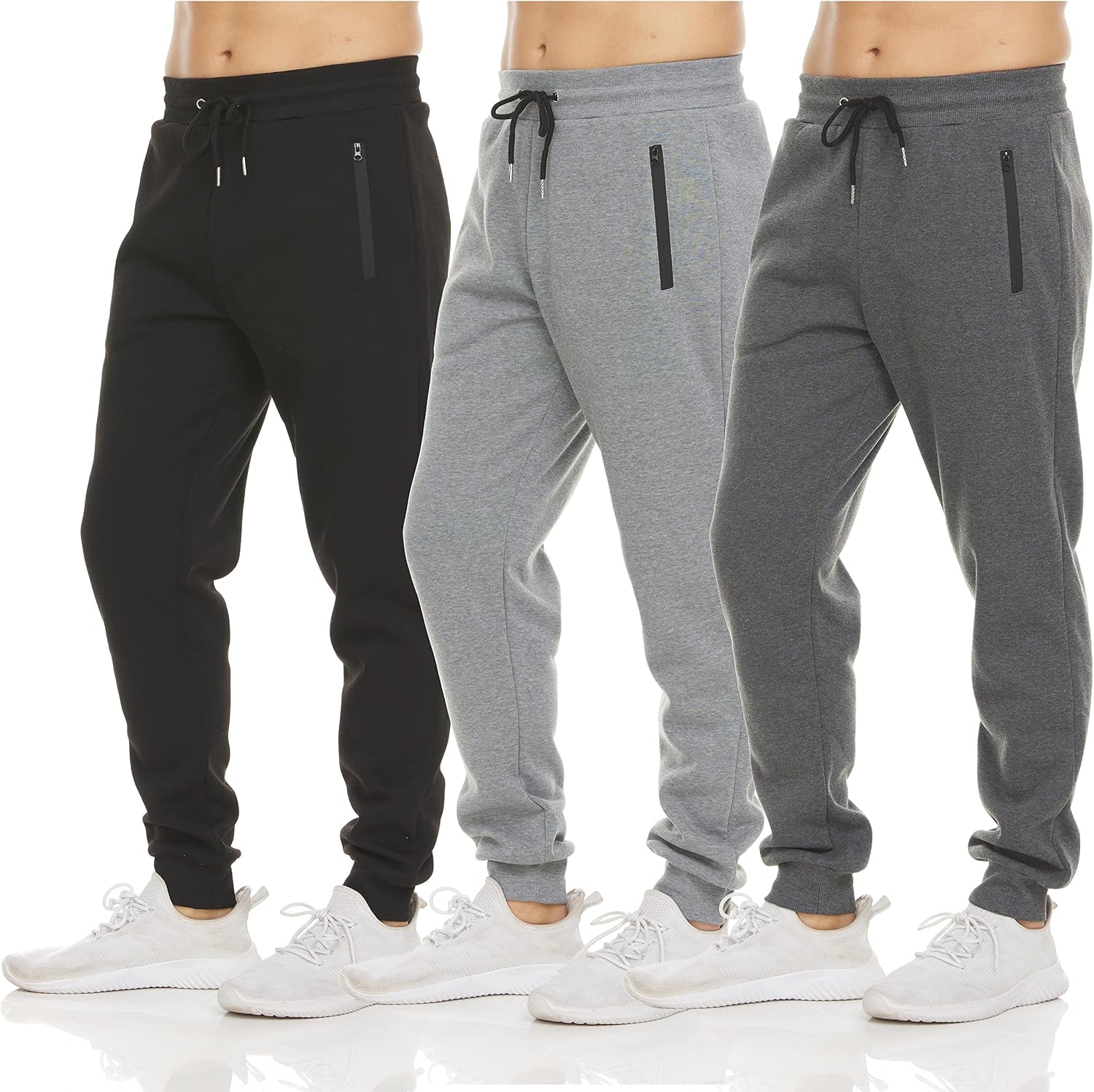 PURE CHAMP Mens 3 Pack Fleece Active Athletic Workout Jogger Sweatpants for Men with Zipper Pocket and Drawstring Size S-3XL