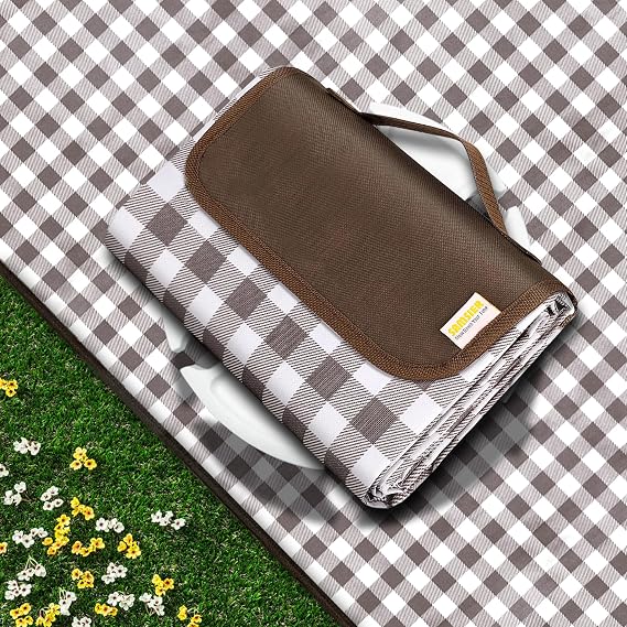 SAMSIER Outdoor Picnic Blankets Waterproof Foldable Sandproof, Large Gingham Cute Picnic Mat Washable Portable for Park Beach Camping Courtyard (Brown, 200 x 200cm/80"×80")