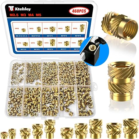 460Pcs Threaded Inserts, M2.5 M3 M4 M5 Female Thread Metric Knurled Nuts Assortment Kit, Brass Heat Set Insert for Plastic and 3D Printing Components