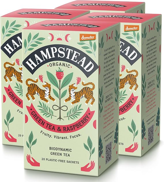 Hampstead Organic Green Tea with Raspberry Bags (4 Packs of 20), Biodynamic Fruity Green Infusion, Plastic-Free & Compostable Individually Wrapped Tea Bags