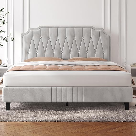 Yaheetech Velvet Upholstered Bed Frame 160 x 200 cm Beige