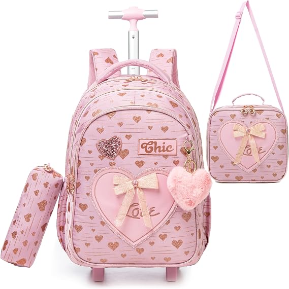 HTgroce 3PCS Rolling Backpack for Girls Kids Wheeled Bookbag