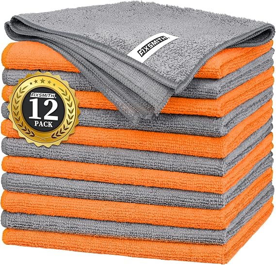 FIXSMITH Microfibre Cleaning Cloth -Pack of 12, Highly Absorbent Cleaning Rags(Grey&Orange), 16"X12" All Purpose Cleaning Towels for Housekeeping, Kitchen, Car, Reusable Microfiber Towels