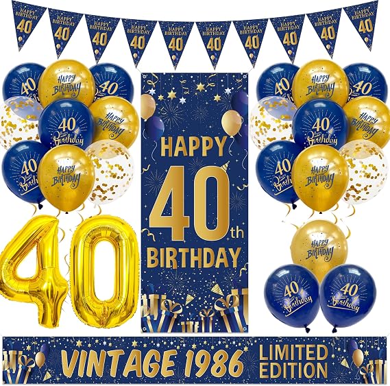 40th Birthday Decorations for Men Navy - Happy 40th Birthday Banner and Bunting, Vintage 1986 Limited Edition Yard Banner Number 40 Foil Balloons for 40 Years Old Navy Blue Gold Party