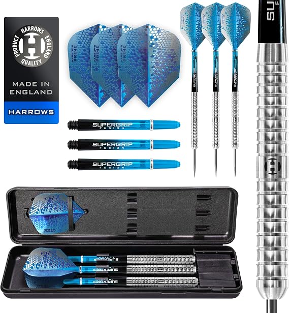 Harrows Pulse 90% Tungsten Steel Tip Dart Set 21g, 22g, 23g, 24g, 25g, 26g - Recessed Curved Grip, Aqua Super Grip Fusion Shaft, Prime Flight & Travel Case 24 Grams