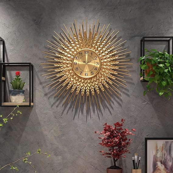 Large Mid Century Gold Wall Clock Decorative Modern Sunburst Wall Clocks, Metal Big Silent Non-Ticking Clock, Luxury Home Gift Decor for Living Room, Bedroom, Dining Room, 60cm