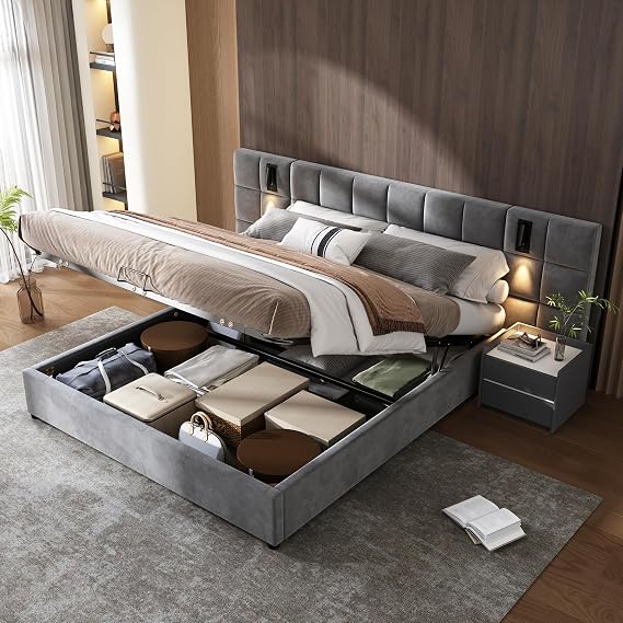 Miyemo Double Bed Frame with Storage, 4ft6 Ottoman Upholstered Bed Frame with Reading-Light & Charging-Station, Velvet Bed with Headboard & Hydraulic, 135x190cm, Grey, (No Mattress)