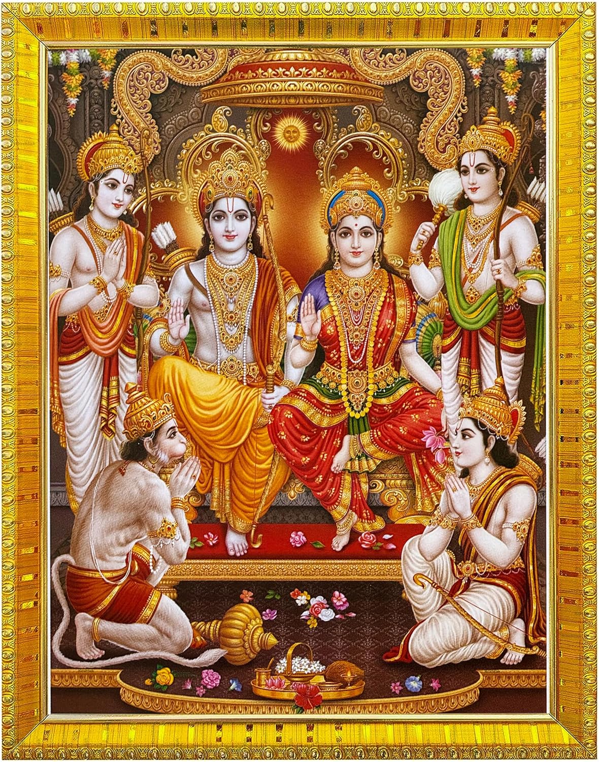 Shri Ram Darbar / Ram Sita With Laxman Hanuman Ji Giving Blessing Photo Frame With Laminated Poster For Puja Room Temple (30 X 23 Cm) (Multicolour)