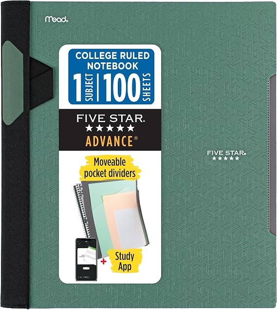 Five Star Advance 820012C-ECM Spiral Defter ve Çalışma Uygulaması, 1 Konu, Üniversite Çizgili, 21,5 cm x 28 cm, 100 Sayfa, Spiral Koruyucu ve Hareketli Ayırıcılarla, Yeşil