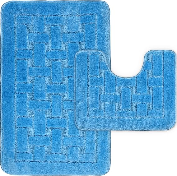 Luxury 2 Piece Block Bath Mat Set Non Slip Ultra Soft Bathroom Mats Water Absorbent Bath Mats Machine Washable Rug Toilet Mat for Bathroom Floor (AQUA)