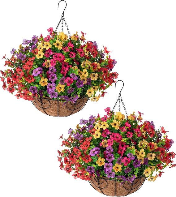 HyeFlora 2 Set Artificial Outdoor Flowers with Hanging Basket, Faux Hanging Plants for Outside Spring Decoration, Fake Silk UV Resistant Look Real Daisy Eucalyptus for Porch Garden Patio Home Decor