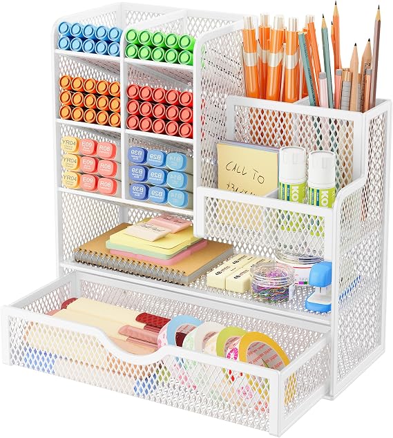 VITVITI Sturdy Mesh Desk Organiser for Office Accessories, Desk Organiser for Stationery Supplies, Make Up Brush, Art storage, 5 Tier Metal Stackable Storage drawers - White