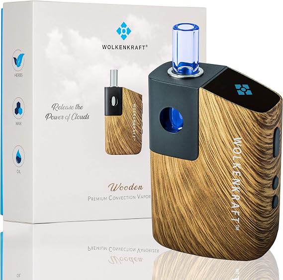 WOLKENKRAFT FX Mini Premium Vaporiser/Evaporator for Herbs Waxes Oils + Convection Heater + Only 25 Sec. Heating time + Extendable Glass Mouthpiece + high safety *wood look* - nicotine-free