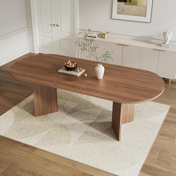 Extendable Dining Table, Kitchen Tables with Rounded Corners, Extendable Dining Table 6-8 Seater, Small Dining Tables with Thickened Tabletop for Dining Room, Kitchen, Walnut(No Chair)