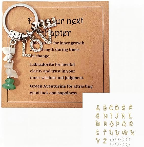 Acecare For Your Next Chapter Keychain with 26 Letter Charms – Healing Crystal Keychain|Personalized Gift for Women
