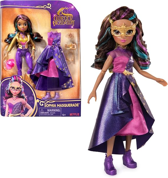 Unicorn Academy, Sophia Deluxe Masquerade Ball Doll with 9 Doll Accessories and Rainbow-Streaked Hair, 24.1cm, Dolls and Unicorn Toys for Girls
