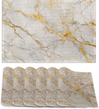 6 Pcs Placemats,White Gold Placemat,Abstract Marble Table Mats Washable Recyclable Table Placemats for Indoor Outdoor Heat Resistant Kitchen Dining 12"x18"