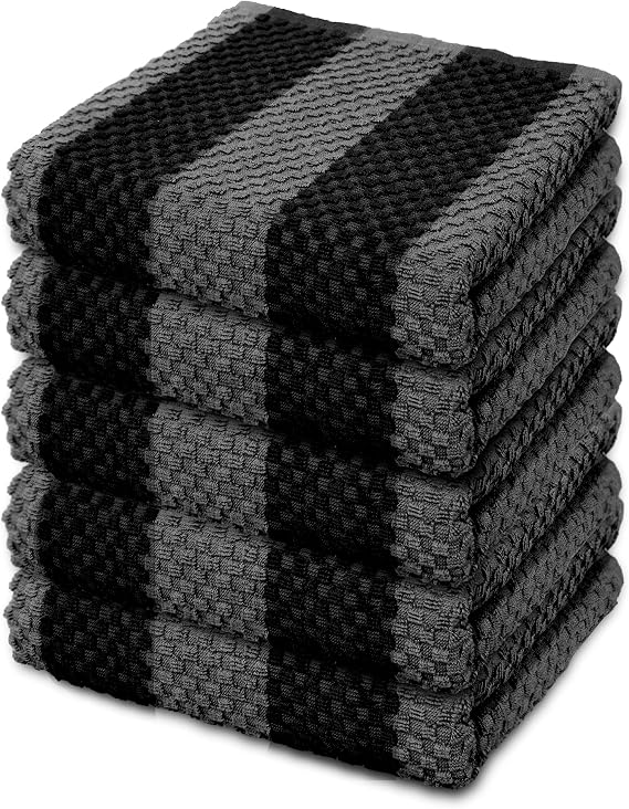 Stripe Designed Tea Towels for Kitchen - 100% Cotton | Super Absorbent & Quick Drying Hotel Quality Kitchen Towels Set | Machine Washable for Everyday Use (Grey & Black, 5 Pack)