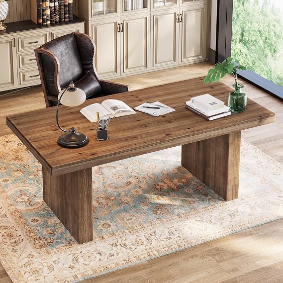63" Solid Wood Home Office Desk, Rustic Dark Brown | Farmhouse Large Executive Computer Desk, Sturdy Wooden Legs, Study Writing Table Business Workstation, Spacious Tabletop