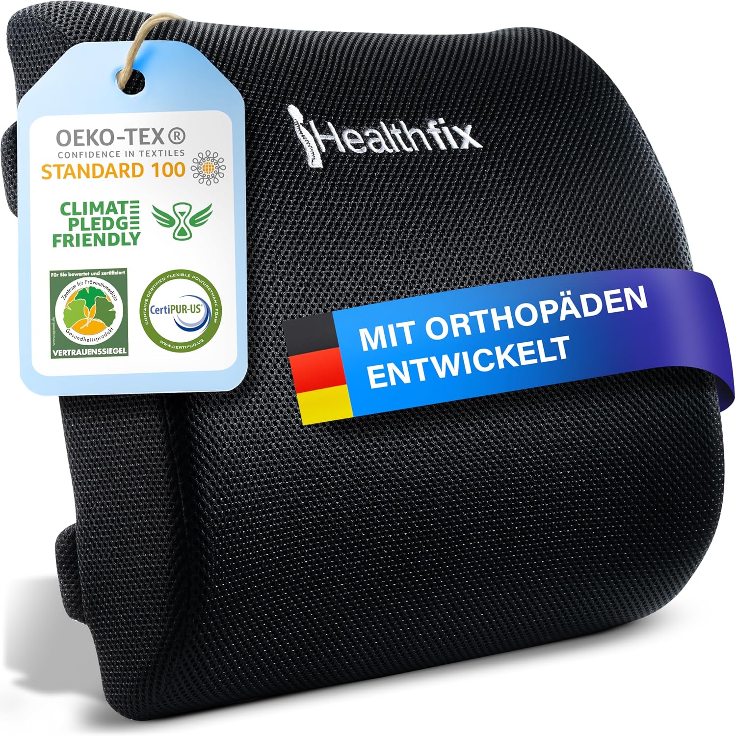 Healthfix ® Ergonomic Lumbar Cushion - Developed with Experts in Germany - Improves Posture & Relieves Back Pain - Lumbar Support for Office Chair Car & Sofa