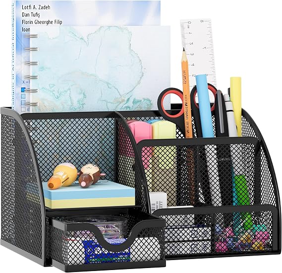 EasyPAG Desk Tidy Stationery Organiser Pen Holder with Drawer,Black
