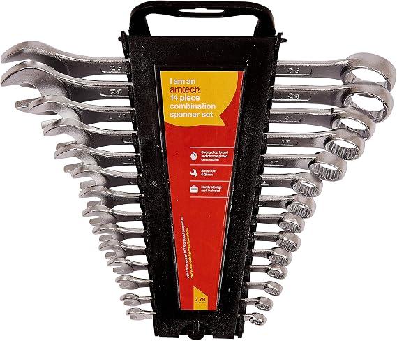 Amtech – Combination Metric Spanner Set, Drop-Forged Chrome Plated Steel with Polished Heads, Automotive & Workshop Ready, Storage Rack Included, 14pc, 6–26mm
