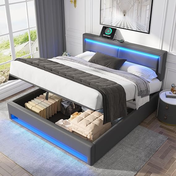 Upholstered Double Bed Frame with Storage, 4ft6 Ottoman Bed with LED-lighting and Charging-Ports. Storage Bed with Wood Satted,135 x 190 cm, PU, Grey, (No Mattress)