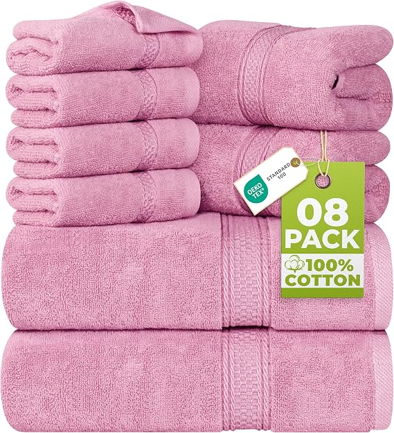 Utopia Towels プレミアムタオルセット バスタオル ハンドタオル 洗面タオル コットンタオル ホテル品質 スーパーソフト 高吸水性 8 Pack ピンク