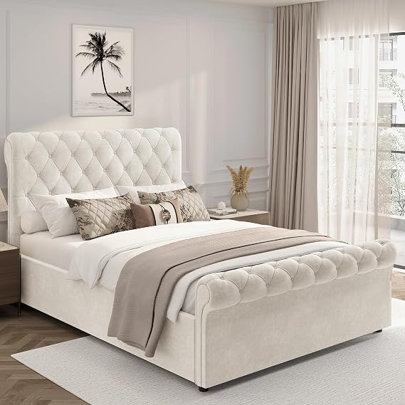 Ottoman Storage Bed with Gas Lift Side Opening Wooden Slats, Ottoman Small Double Bed Frame, Upholstered Gas Lift Up Bed Frame with Storage, (4ft Beige Small Double, No Mattress Included)