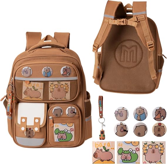 Capybara School Bag with Large Capacity Reflective Strips for Boys Girls Cute Cartoon Animal Backpack with Card Badge and Keychain Waterproof Multi-Compartment Rucksack for Student Kids