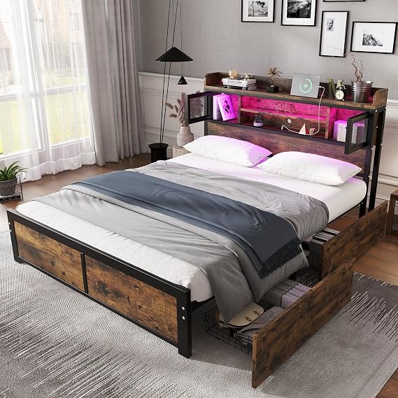 4ft6 Double Storage Bed with LED light strip and Drawers, Metal Bed