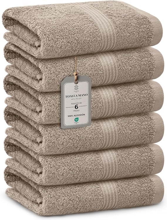 Set of 6 Cotton Towels, Soft and Absorbent, Hotel Quality, Quick Drying, Easy Care, 40 x 70 cm, Sand