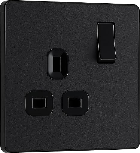 BG Electrical Single Switched Power Plug Wall Socket, Screwless Front Plate, Round Edges, Evolve, Matt Black, 13A, PCDMB21B