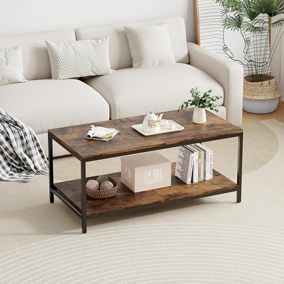 AVC Designs Coffee Table With Storage Shelf Metal Frame Home Office Living Room Table Rustic Brown