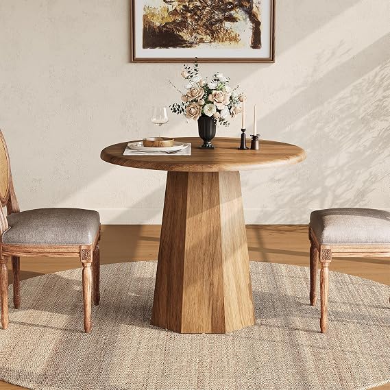 Tribesigns Small Round Dining Table for 2-4 People, 80cm Kitchen Table with Octagonal Base for Dining Room, Living Room, Brown (Only Table)