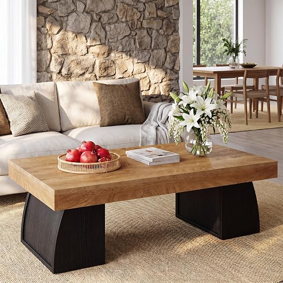 Tribesigns 55.1" Coffee Table, Rectangular Coffee Tables for Living Room, Farmhouse Accent Center Cocktail Table with Curved Base, Brown & Black