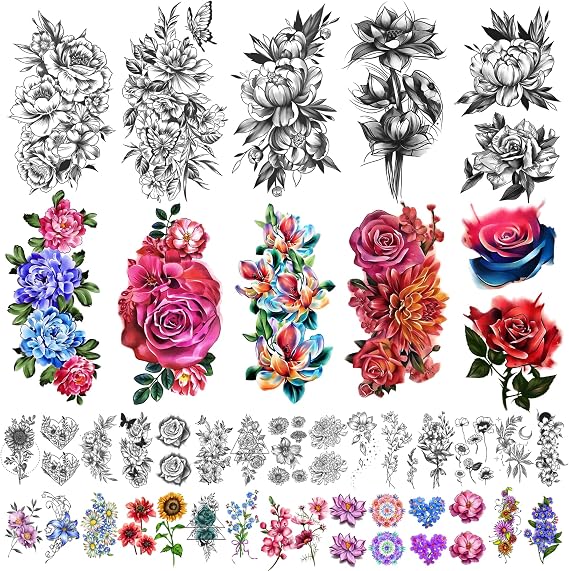 Yazhiji 40 sheets Waterproof Temporary Tattoos Large Flowers Collection Lasting Fake Tattoo Stickers for Women or Girls Beauty Decoration