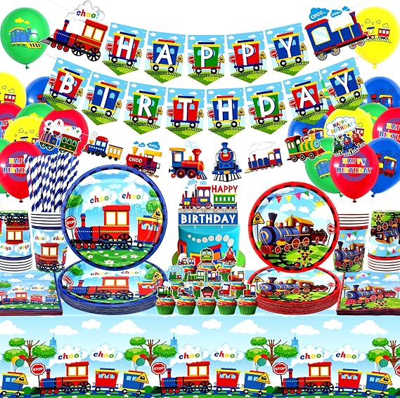 Train Party Decorations , Includes Happy Birthday Banner, Plates, Cupcake Toppers, Napkins, Cups, Tablecloths, for Train Party Vehicle Party Supplies (Banner)