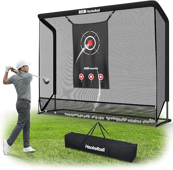 Haokelball Golf Hitting Net for Backyard, 10x7.5ft Driving Real Balls Practice Nets for Indoor Outdoor Use, Heavy Duty Netting with Impact Target Cloth and Carry Bag