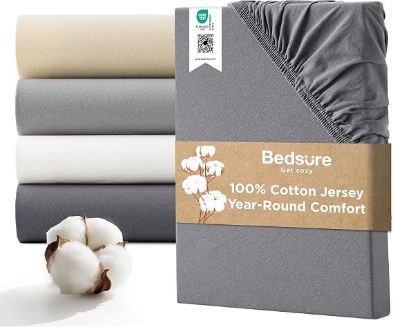 Bedsure King Size Fitted Sheet - 100% Cotton Jersey, 40cm Deep, Charcoal