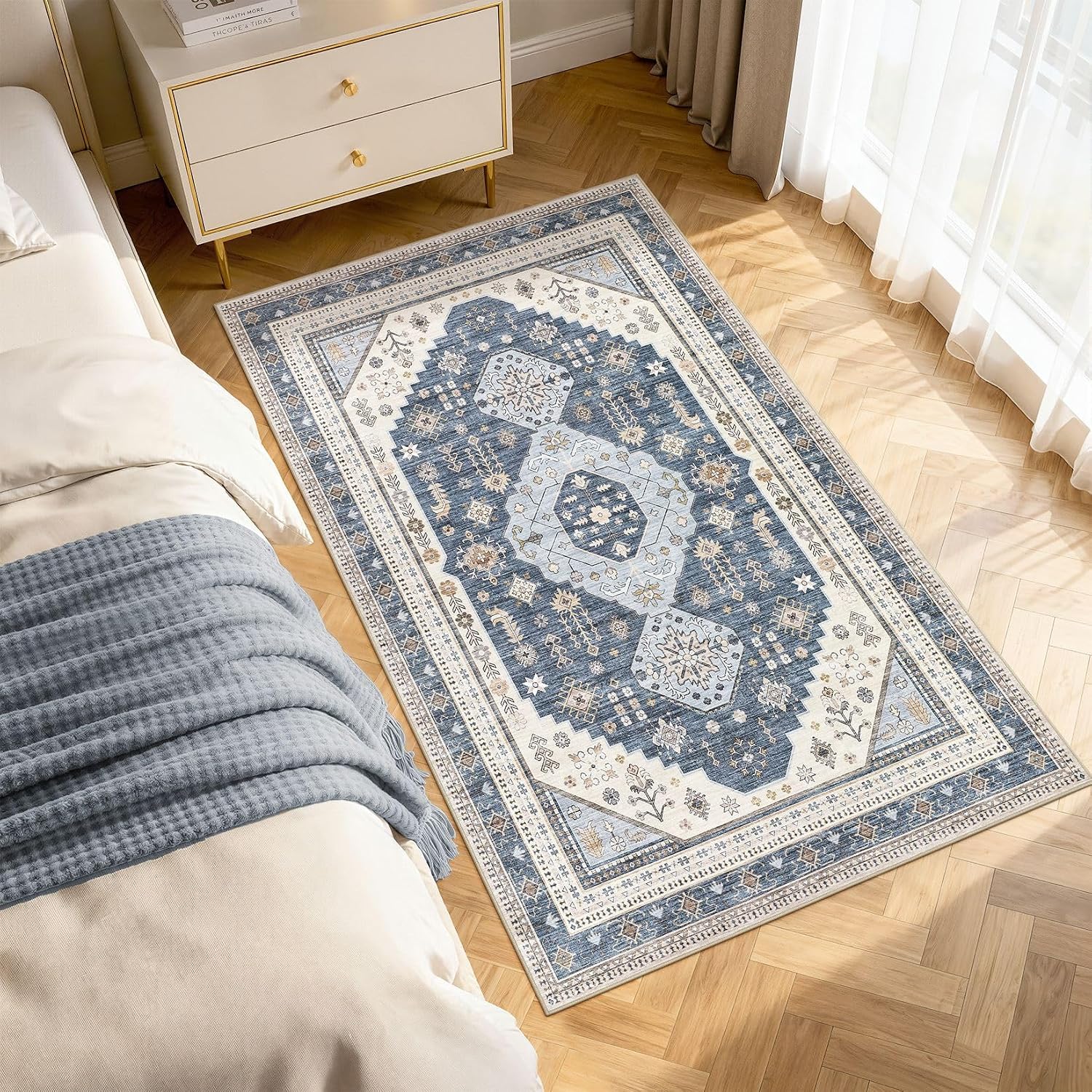 3x5 Washable Area Rug, Large Rugs for Living Room Stain Resistant Non Slip Backing Soft Low Pile Vintage Carpet for Bedroom Dining Room Kid & Pet Friendly Home Decor - Vintage Blue