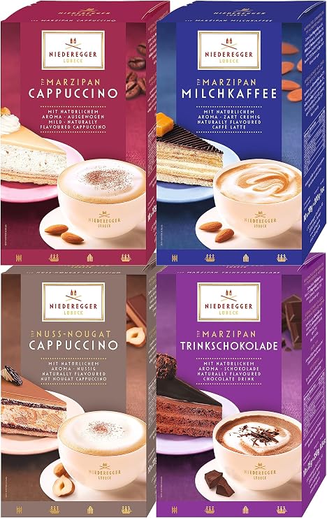 Niederegger 4-pack Drinking Chocolate | Marzipan, Cappuccino, Latte, and Nut-Nougat Cappuccino | 890g